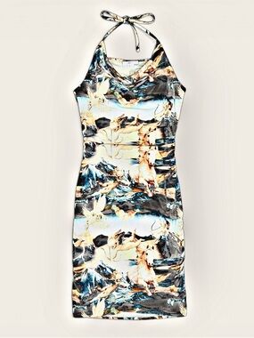 Vintage-Inspired Halter Bodycon Dress | Angel Horse Scenic Print | Ruched | Y2K